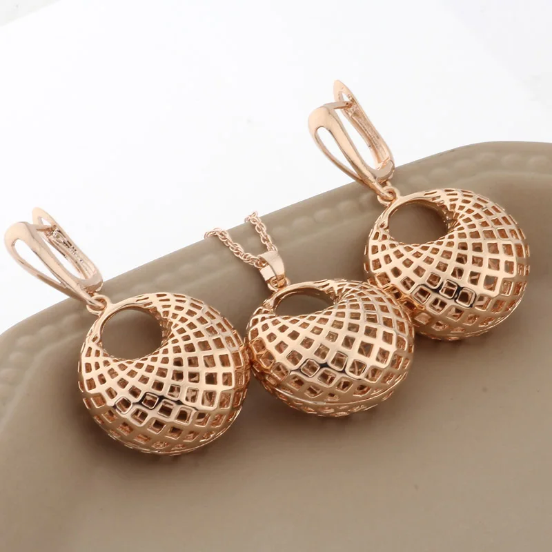 New Trendy 2022 Hollow Big Earrings And Pandent 585 Rose Gold Color Dangle Earrings For Women 2022 Fashion Jewelry Sets