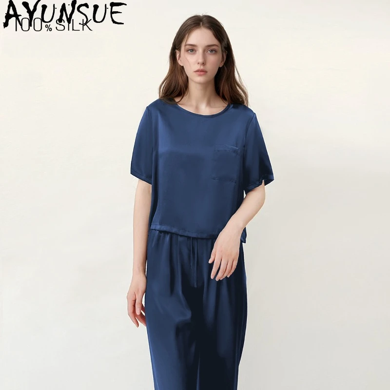 AYUNSUE 16Mm 100% Mulberry Silk Sleepwear Women Summer Clothes Pajama Sets Casual Long Pants Short Sleeve Top Two-piece Пижама
