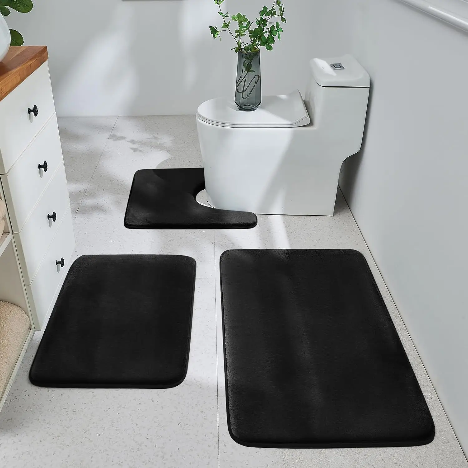 

Bathroom Rugs Sets 3 Piece, Ultra Soft Velvet Memory Foam Bath Rugs, Non-Slip & PVC Backing Bathroom Mat Set, Washable
