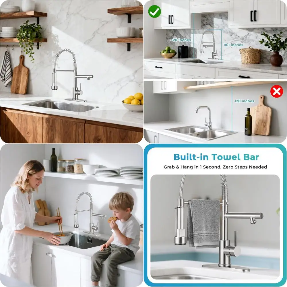 

Commercial Brushed Nickel Single Handle Kitchen Faucet with Pull-Down Sprayer & 2-Spout Sink, Stainless Steel Spring Pull-Out Fa