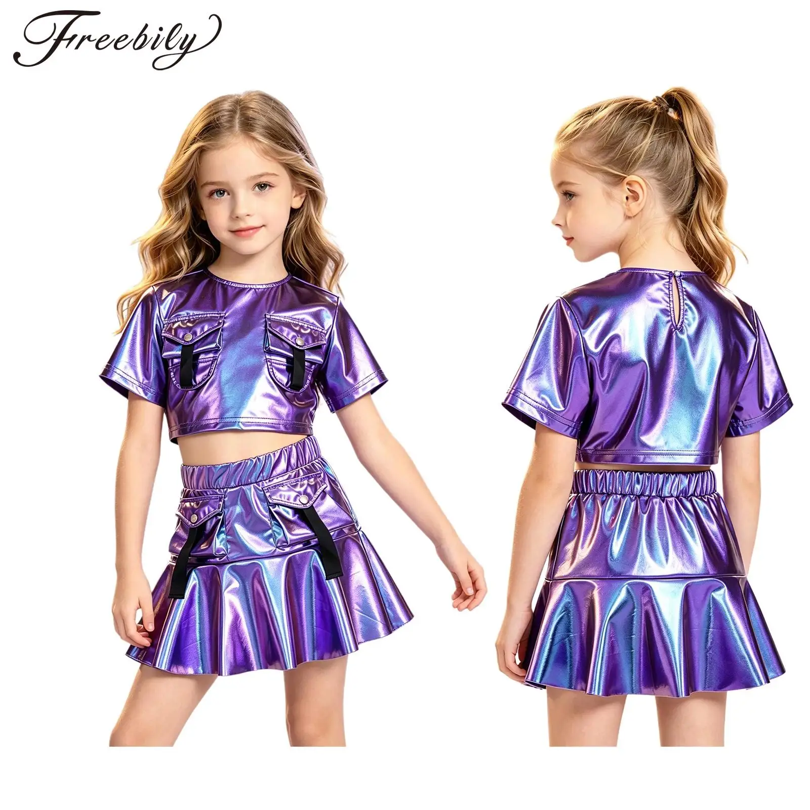 Teen Girls Metallic Hip Hop Jazz Dance Outfit Short Sleeve Flap Pockets Crop Top with Ruffle Cargo Skirt for School Show Stage
