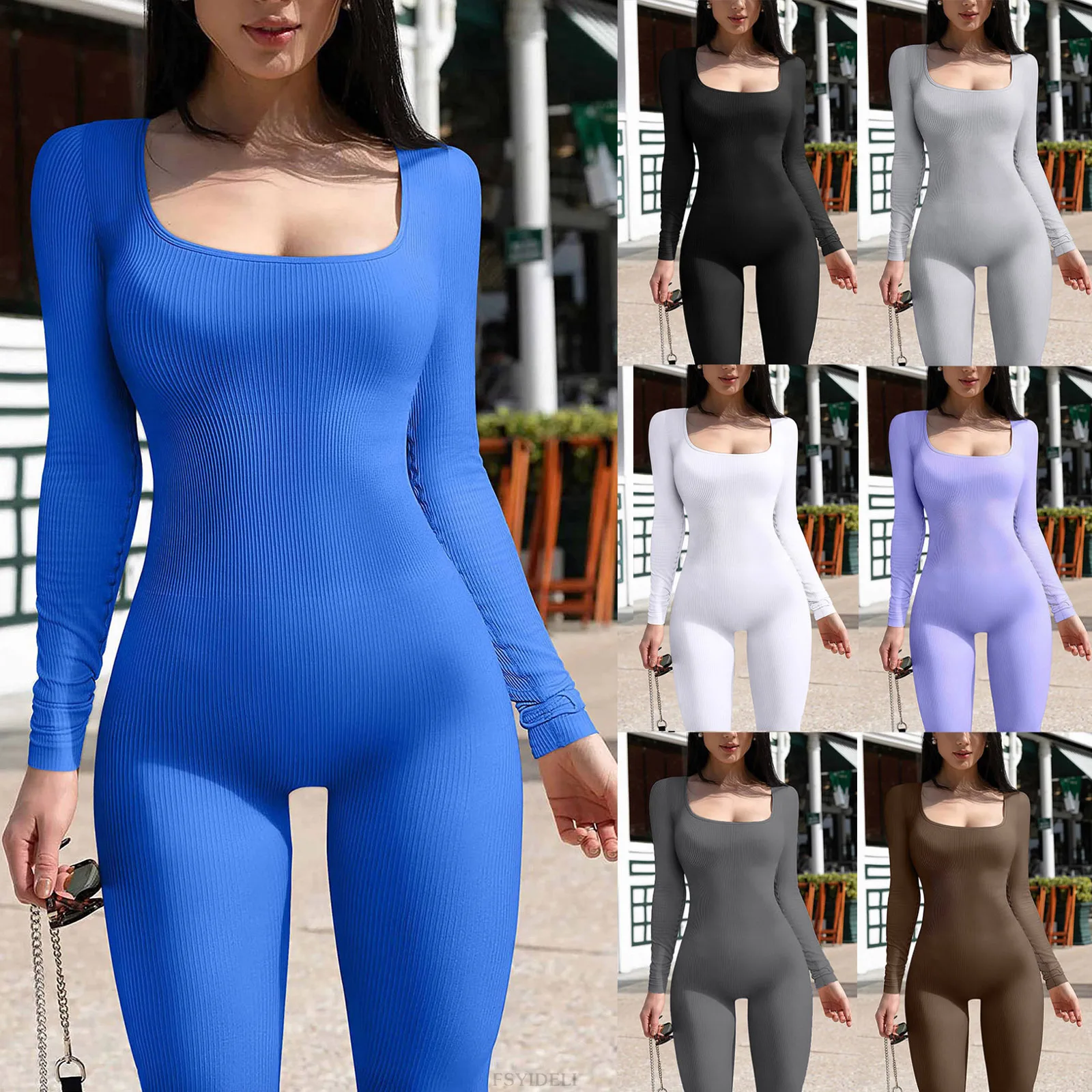 Women's jumpsuit autumn and winter new thread square collar slim sexy jumpsuit