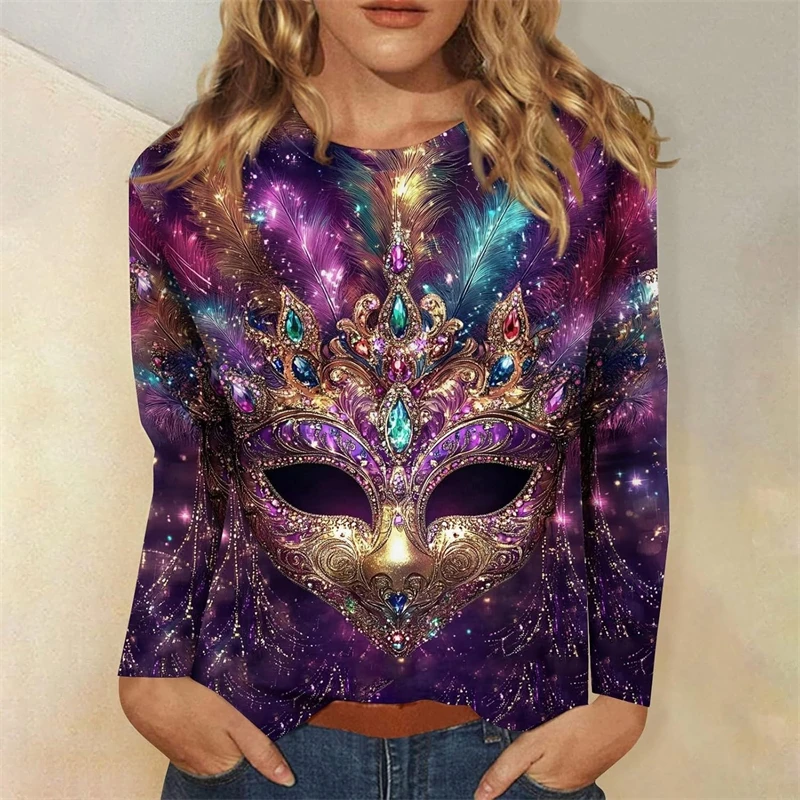 Exquisite Mask Printing Sweatshirt Women Carnival Clothes Pop Music Party Crewneck Pullover Top 2025 Spring Street Trend Hoodie