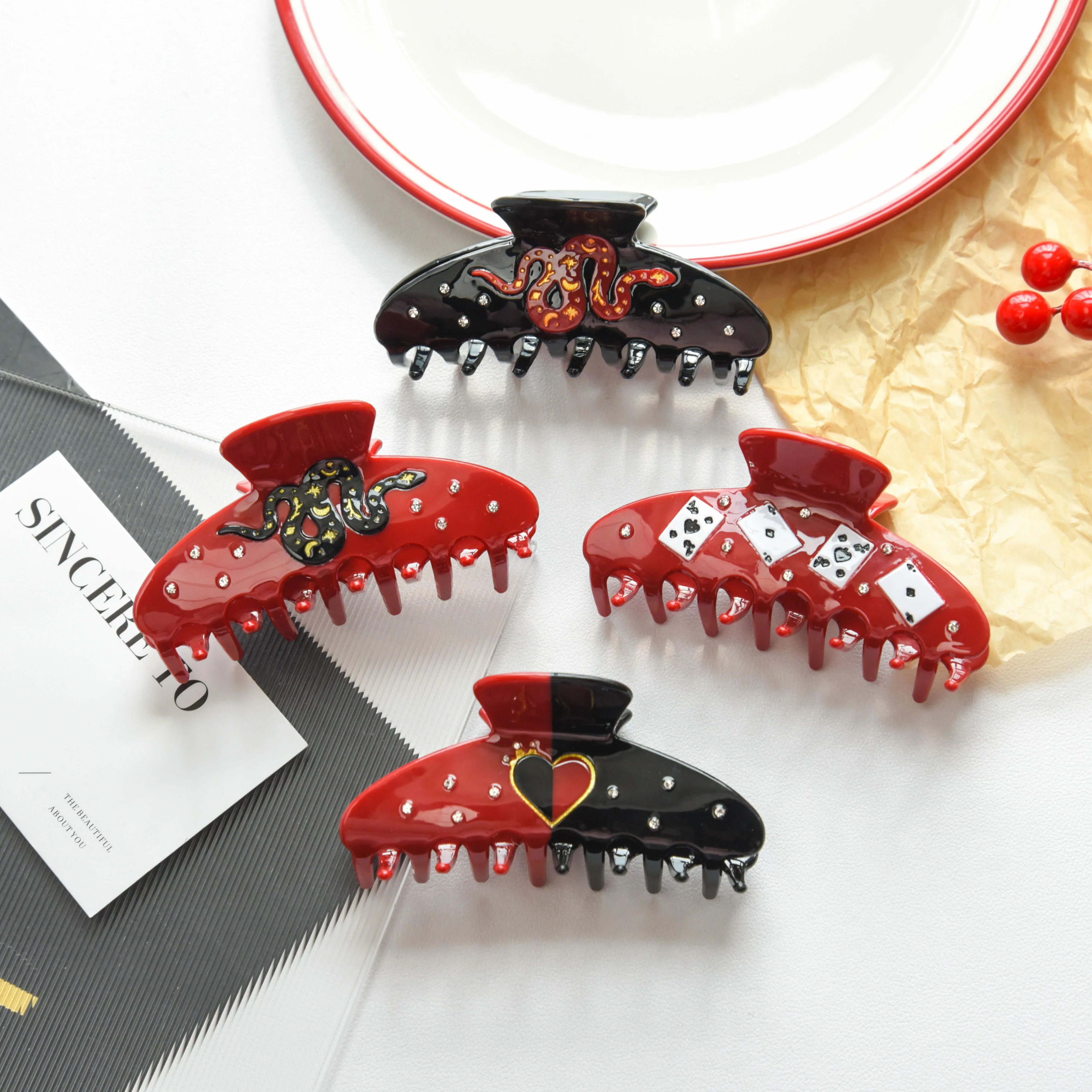 YHJ Red Black Zodiac Snake Poker Love Hair Claw Rhinestone Crown Claw Clips Fashion Crab Hair Clips for Women Hair Accessories