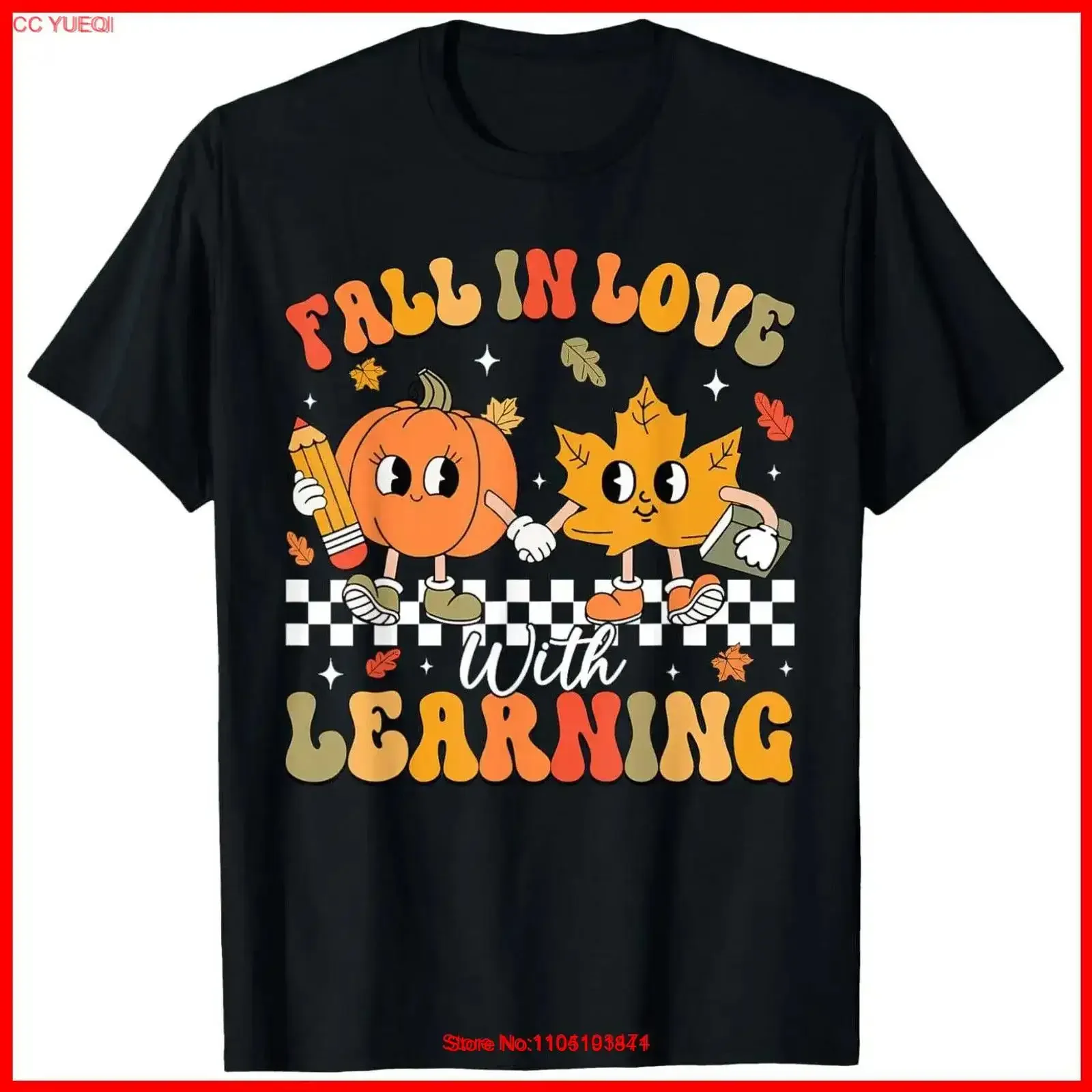 Retro Fall In Love With Learning Autumn Pumpkin Teacher Black Cotton T Shirt vintage Washed Versatile graphic homme fashion