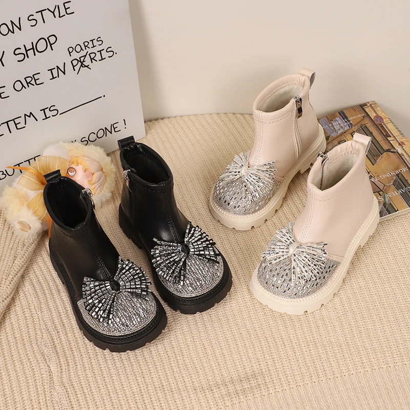 Winter Girl's Short Boots Platform Sparkling Soft Pu Leather Kids Booties Black Beige Zippers Luxury Princess Children Boot
