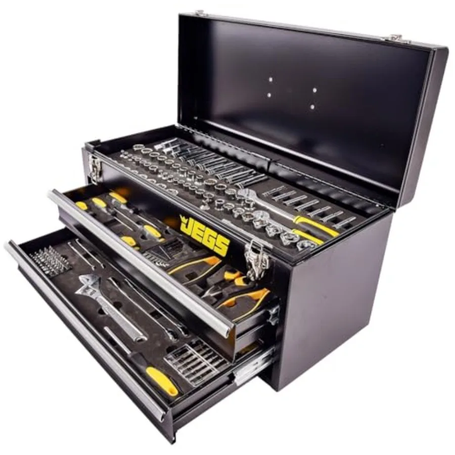 

170-Piece Mechanic's Tool Set - Includes Black Powder Coated Steel Toolbox, Sockets, Extenders, Ratchets, Wrenches, Screwdriver