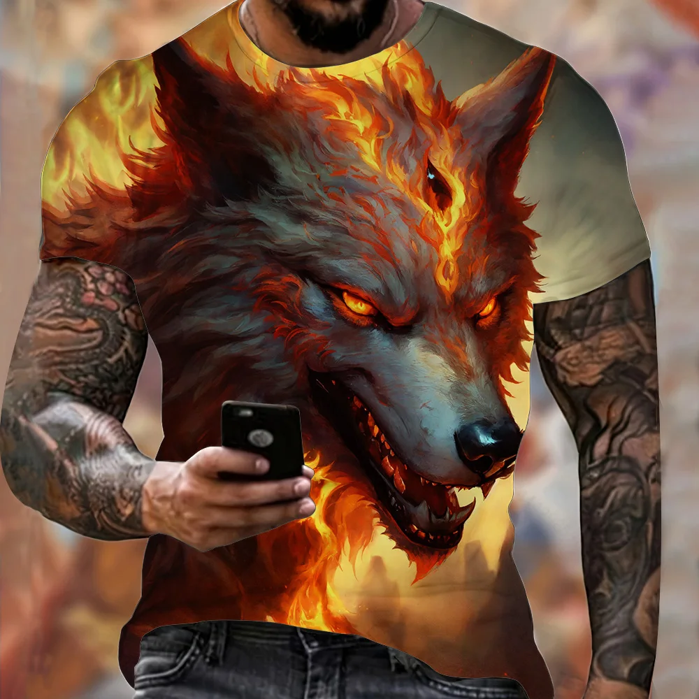 Animal Harajuku Graphic Print T-Shirt Fashion Wolf Pattern Short Sleeve Summer 2024 Men\'s Clothing Breathable Fitness T-Shirts