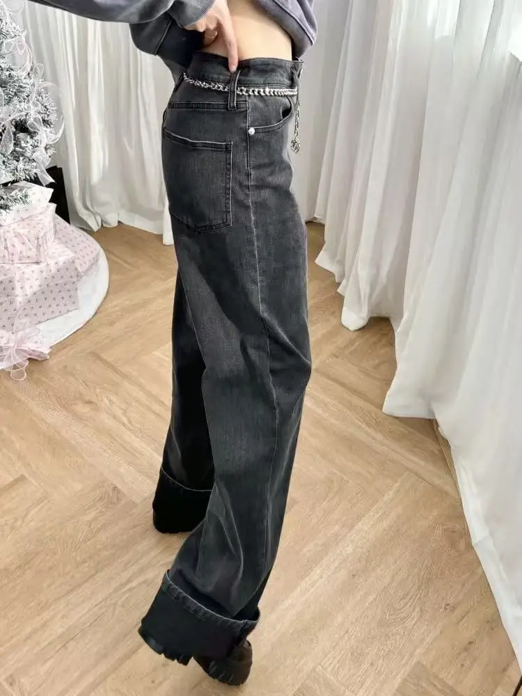 2025 Early Spring New Fashion Cotton Jeans Women Casual Metal Chain High Waist Straight Denim Long Pants Female