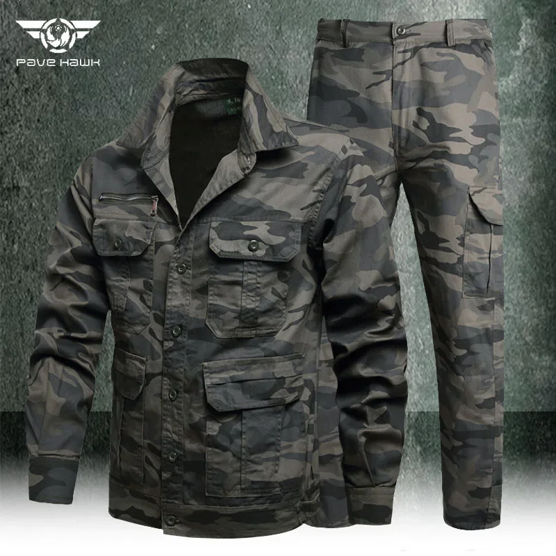 Summer Camouflage Suit Men's Thin Hunting Shirts Jacket and Cargo Trousers Tactical Working Cotton Breathable Multi-Pocket Suit