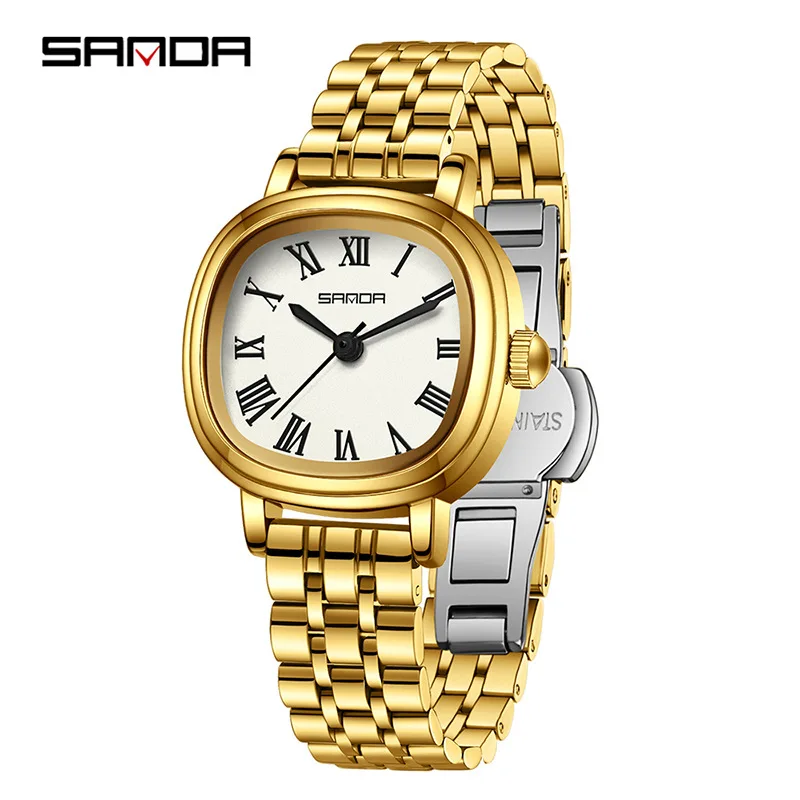 SANDA-Relógio quartzo feminino, ouro rosa, romano simples, visor analógico, pulseira de aço inoxidável, relógio de pulso feminino, moda elegante, 1137