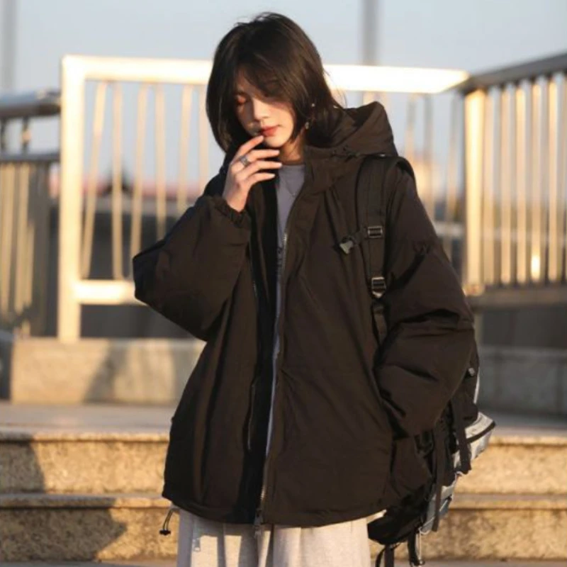 Preppy Padded Jacket Japan Style Thickened Plush Zipper Parkas Women's College Men's and Women's Warm Hooded Loose Winter Coat