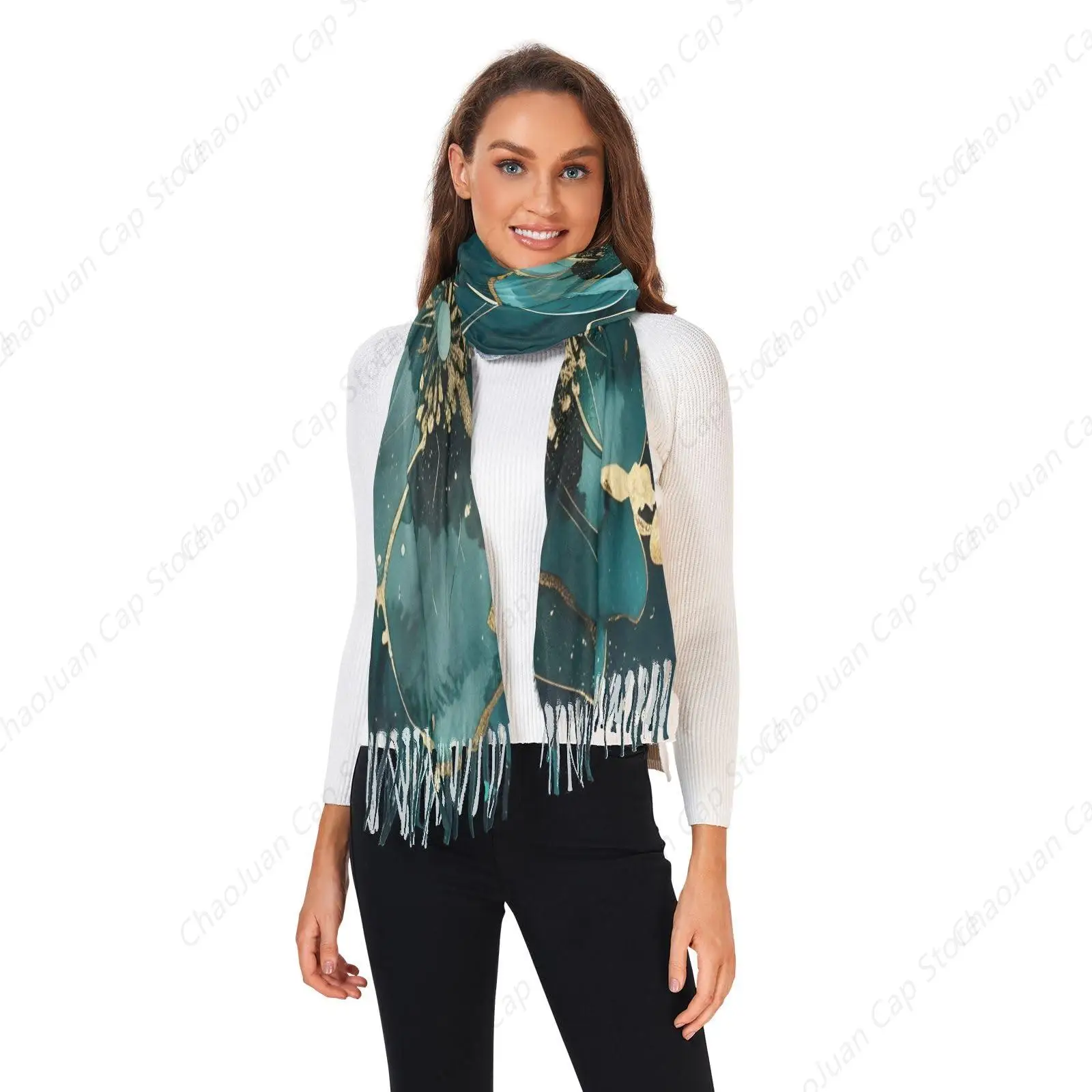 Winter Scarf for Women-Watercolor Flower Green Gold Pattern,Shawl Cashmere Feel Large Size 86 * 30inches Winter/Fall Warm