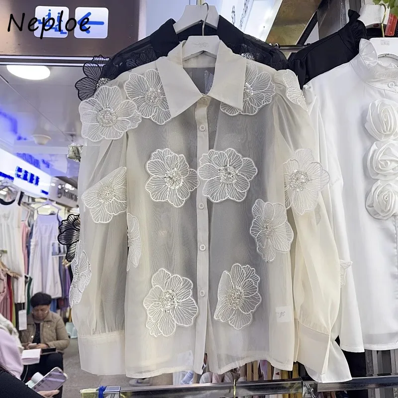 

Neploe Simple White See Through Lace Shirts Women Y2k Lapel Neck Beading 3d Flower Blouses 2025 Spring New Blusas Mujer