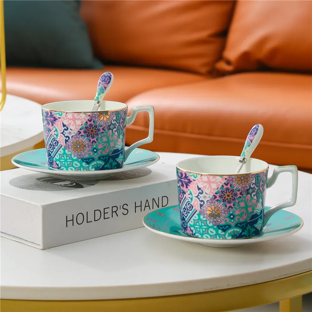 Moroccan Bone China Coffee Cup Set with Gift Box Luxury Porcelain Cups Ceramic Milk Mug with Saucer Spoon Cafe Party Drinkware
