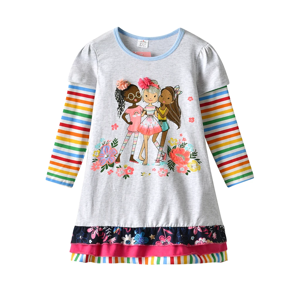 DXTON Girls Long Sleeve Dress Cartoon Friends Print Kids Casual Dresses Rainbow Striped Floral Ruffle Toddler Cotton Clothing