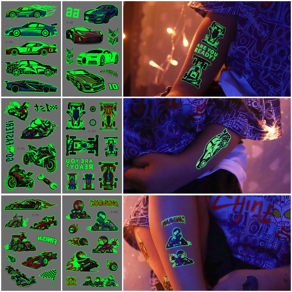Милый-мультяшный-гоночный-автомобиль-светящиеся-водонепроницаемые-временные-татуировки-наклейки-подарок-перенос-воды-поддельные-татуировки-товары-для-макияжа-для-вечеринок