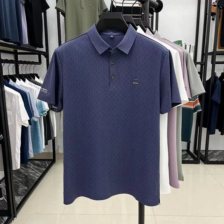 الحرير الجليد قصيرة الأكمام تي شيرت الرجال التلبيب منتصف العمر أبي الزي الأعمال عادية قميص بولو نصف كم العصرية تي شيرت #4