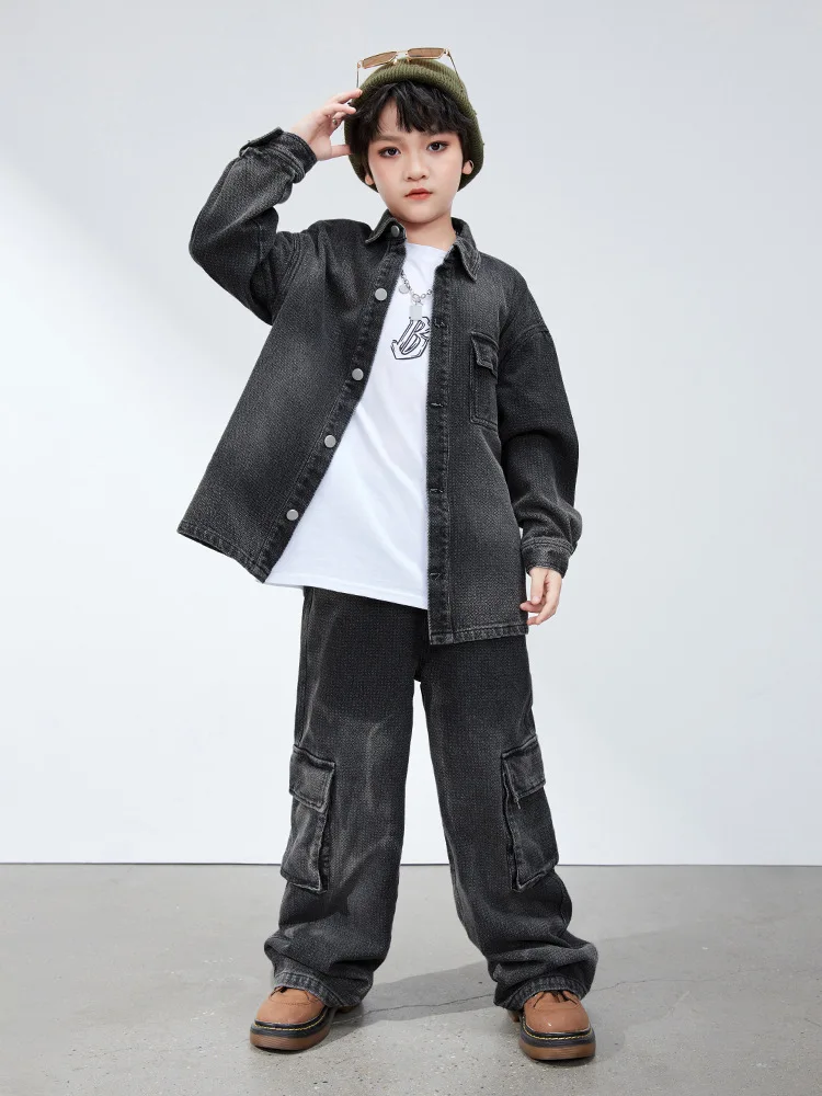 Kid Hip Hop Clothing Denim Black Washed Shirt Jacket Top Casual Baggy Jeans Cargo Pants for Girl Boy Jazz Dance Costume Clothes