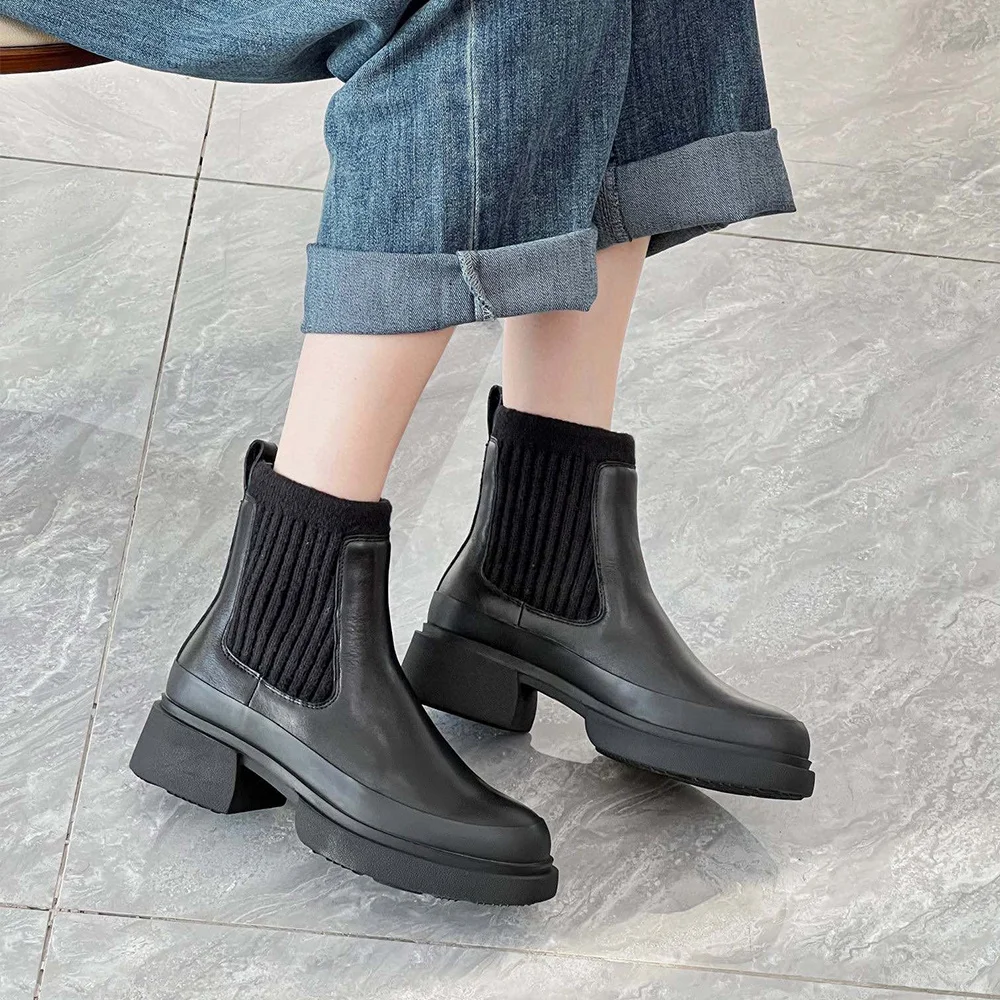 Donna-in Stretch Chelsea Boots For Women Thick Sole Square Heel Round Toe Calfskin Leather Knitted Paneled Cowhide Ankle Boots