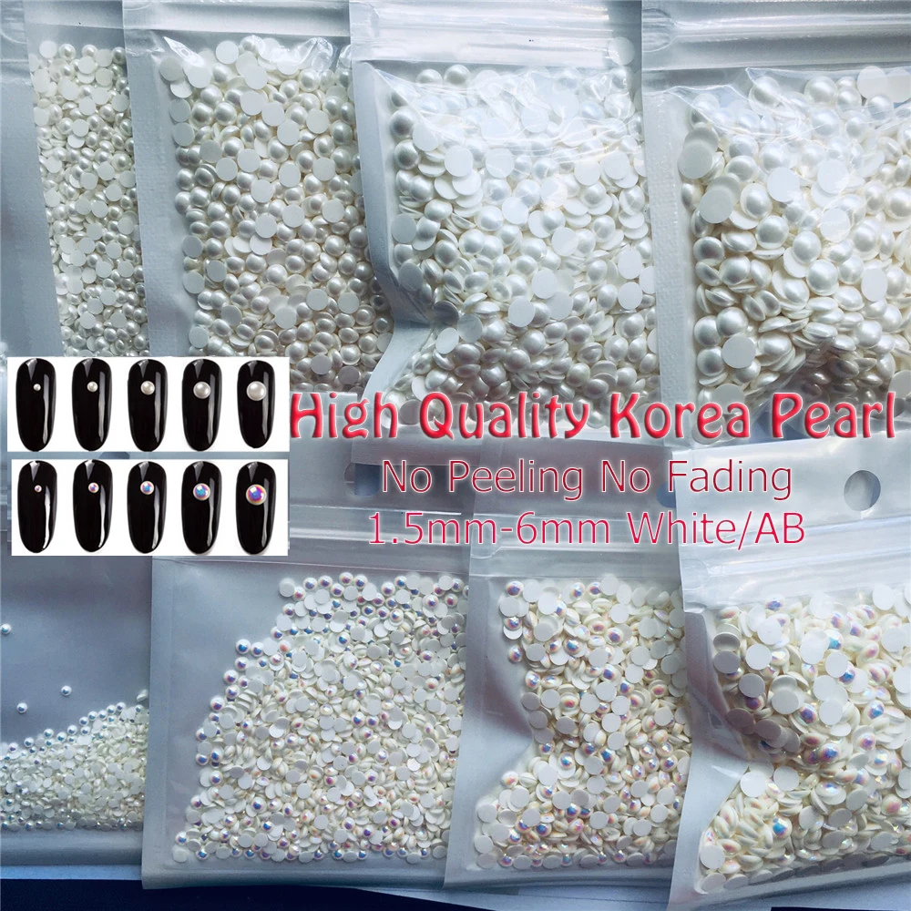 1000PCS High Quality 1.5mm-6mm White AB Korea Pearls Semi Round Flatback Nail Art Rhinestones Decorations Manicure Ornaments Kit