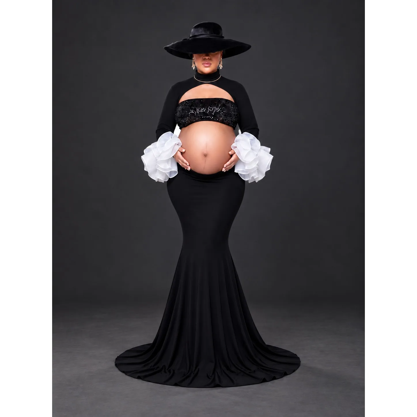 Black Mermaid Maternity Dress for Photoshoot High Couture Ruffle Sleeve Open Belly Pregnant Women Evening Gown HA260915