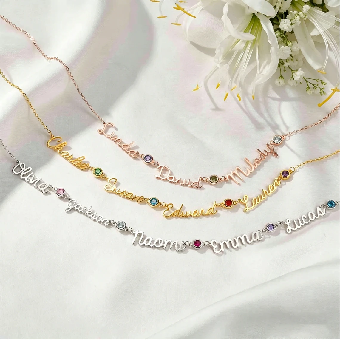 Personalized Custom 1- 6 Names Birthstones Necklace Stainless Steel Customized Couple Kids Multiple Names Necklace Jewelry Gift
