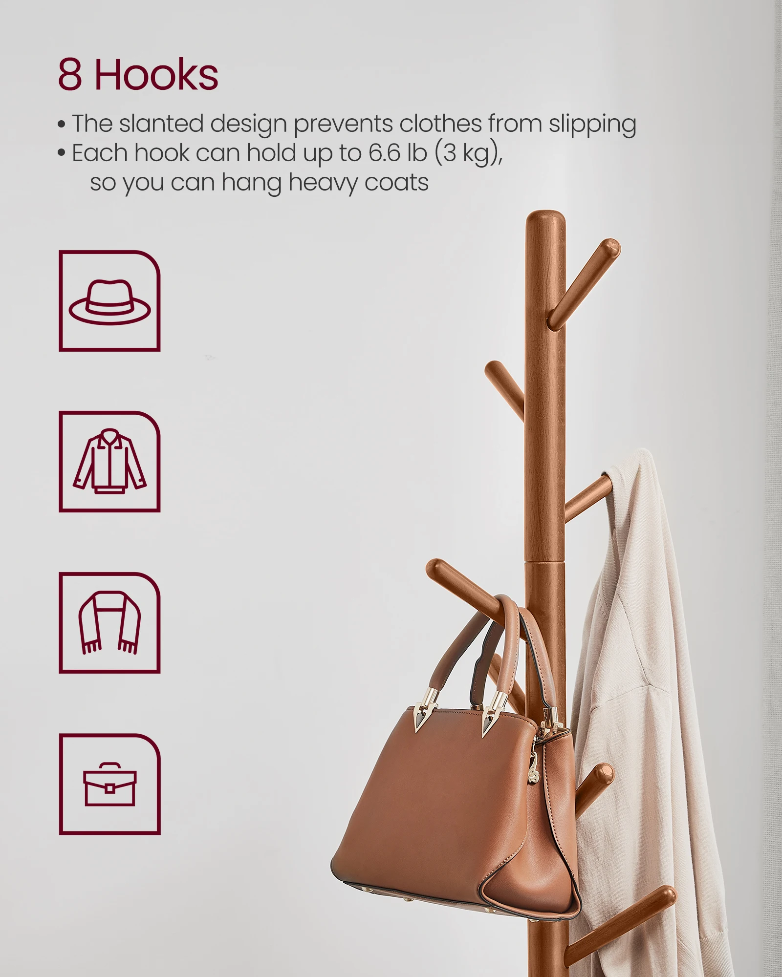 رف معطف VASAGLE من الخشب الصلب، رف معطف على شكل شجرة قائم بذاته مع 8 خطافات، 3 خيارات للارتفاع، للملابس والقبعات والحقائب #3