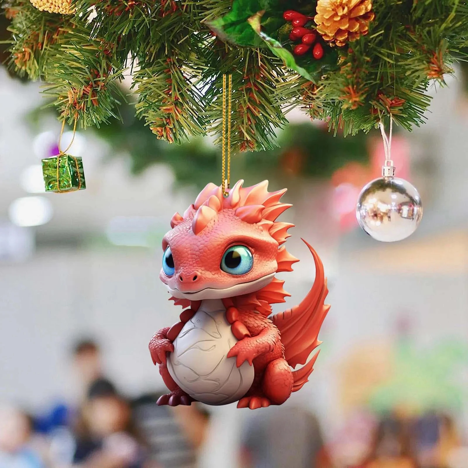 New 2D Acrylic Christmas Cute Dragon Baby Hanging Ornament Tree Charm Decorations Realistic Dragon Keychain Window Decor Gifts