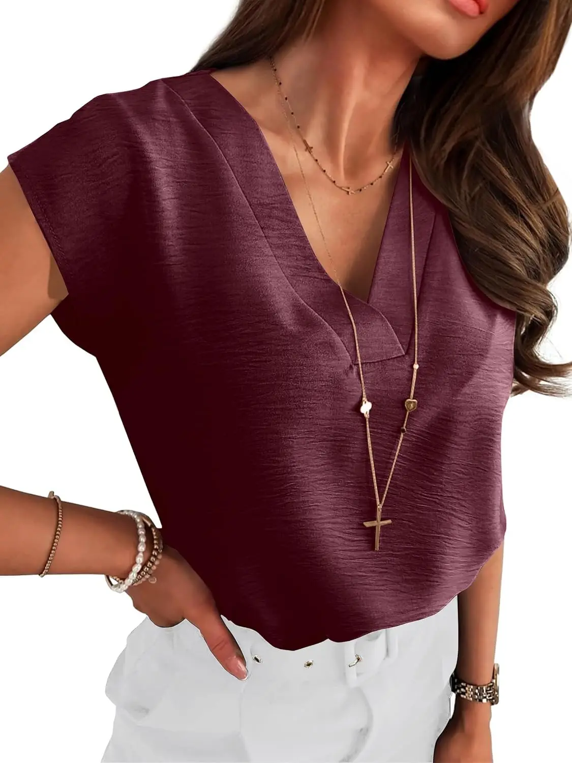 

ZENFLEX Women Tops Cap Sleeve Textured Dressy Casual V Neck Shirts 2025 Summer Business Work Blouses Outfits