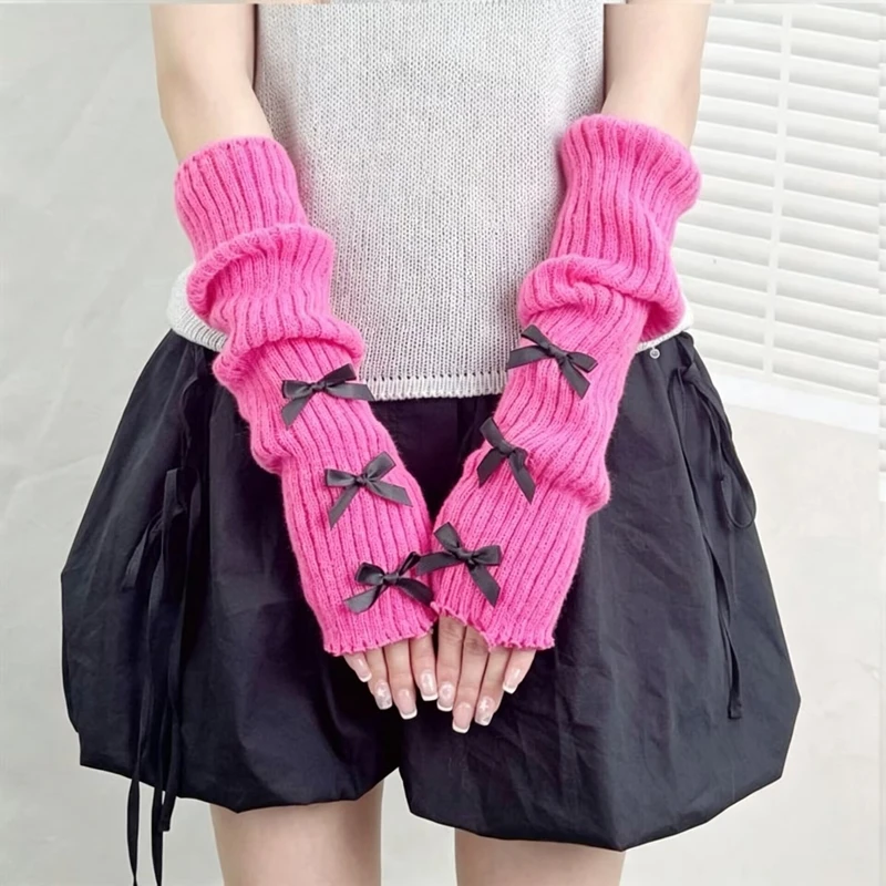 Bowknot Knitted Arm Sleeves Spring Autumn Warm Pile Fingerless Gloves Sweet Girl Long Sleeve Covers Fashion Accessories