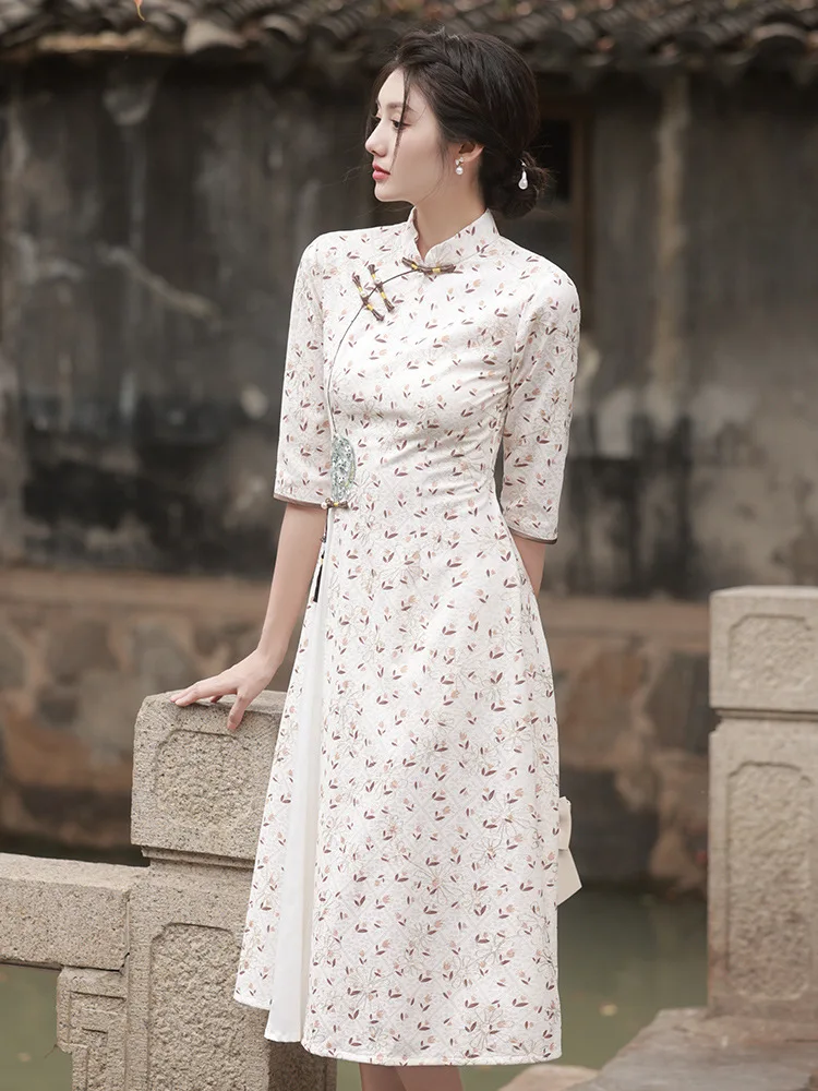 FZSLCYIYI-Vestido de casamento vintage para mulheres, manga de sete pontos, chiffon Split, Qipao a linha, gola mandarim chinês, Aodai Cheongsam