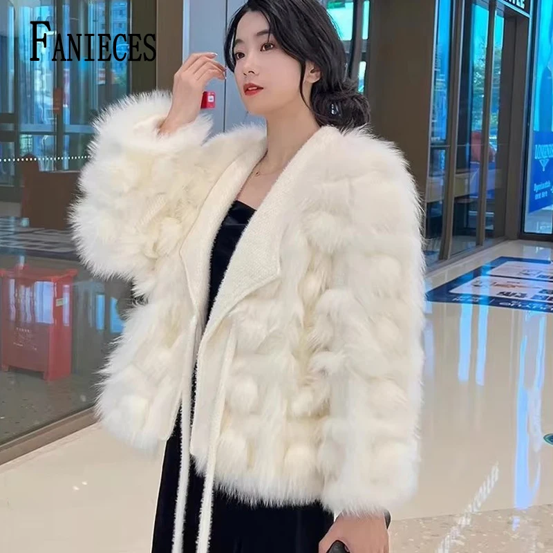 

FANIECES Winter Women Faux Fur Coat Loose White Khaki Female Fluffy Plush Fur Jacket Warm Shaggy Party Outwear lace-up Overcoat