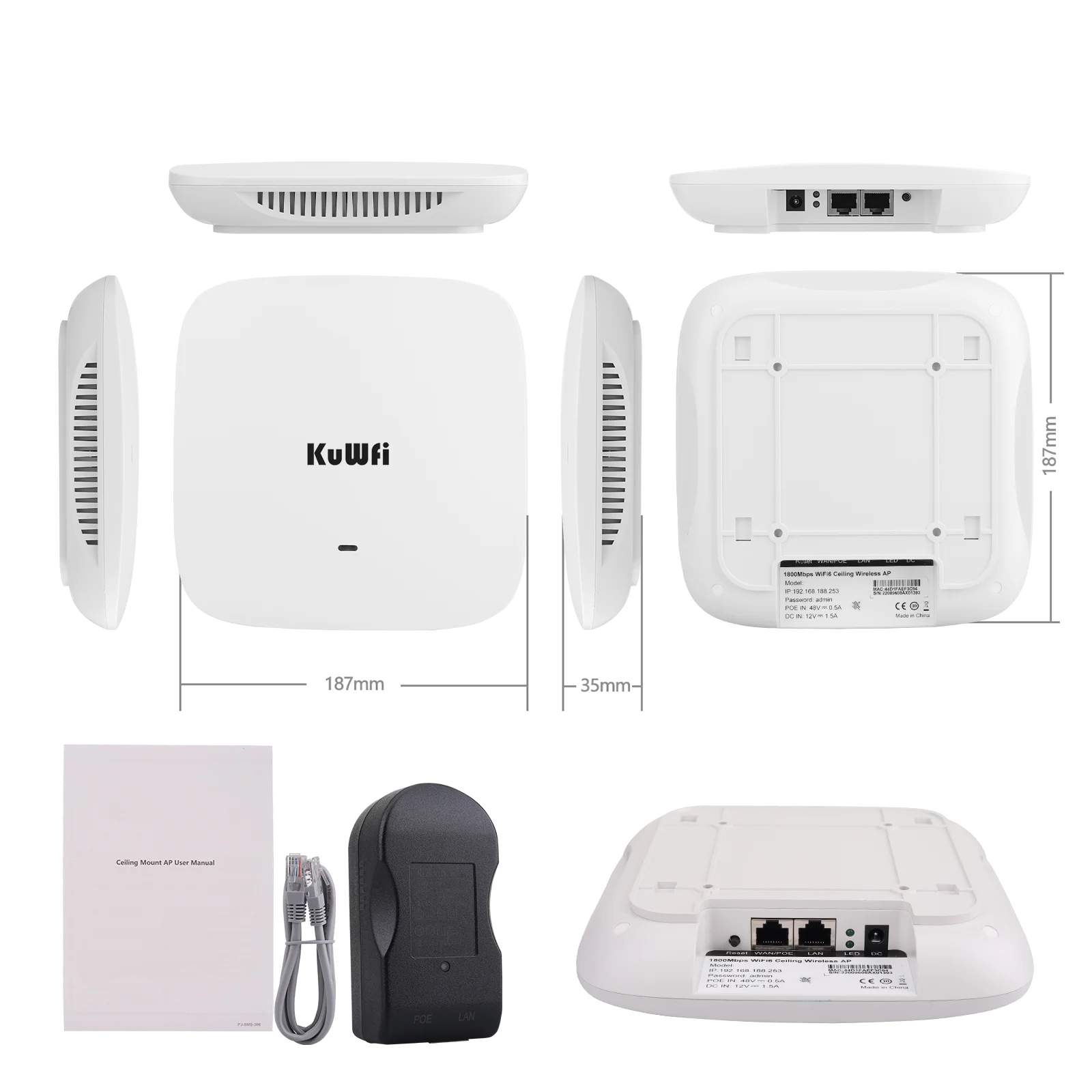 KuWfi-Roteador de Teto WiFi 6, Banda Dupla, Gigabit, WAN, Porta LAN, Suporte 48V POE Switch, Casa e Escritório, 2.4G, 5.8G, 1800Mbps