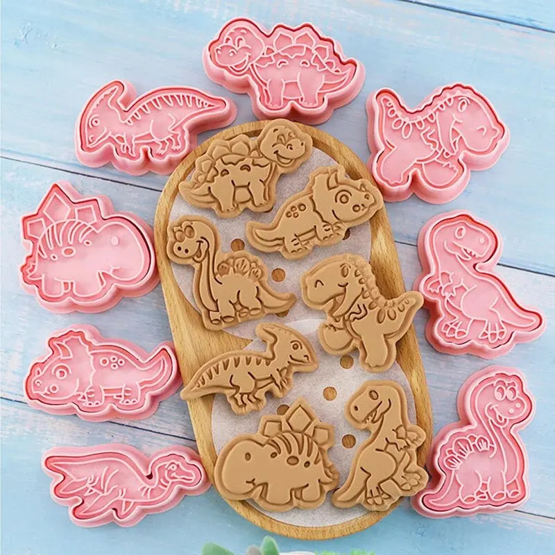 8Pcs Dinosaur Cookies Cutters Plastic Cartoon Pressable Biscuit Mold Confectionery Cookie Stamp Kitchen Baking Pastry Tools