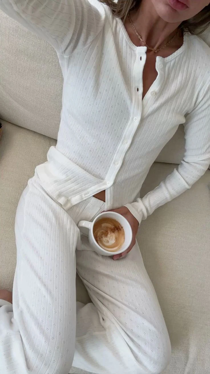 

White Eyelet Long Sleeve T-shirt Women Lace Trim Crew Neck Single Breasted Cardigan Autumn Low Waist Draped Trouser Pajamas Sets
