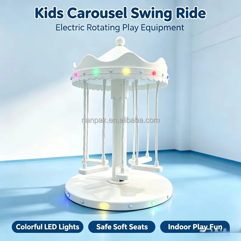 White Soft Play Rotating Swing Carousel with Colorful LED Lights Outdoor/Indoor Playground Equipment for Event Party Rental