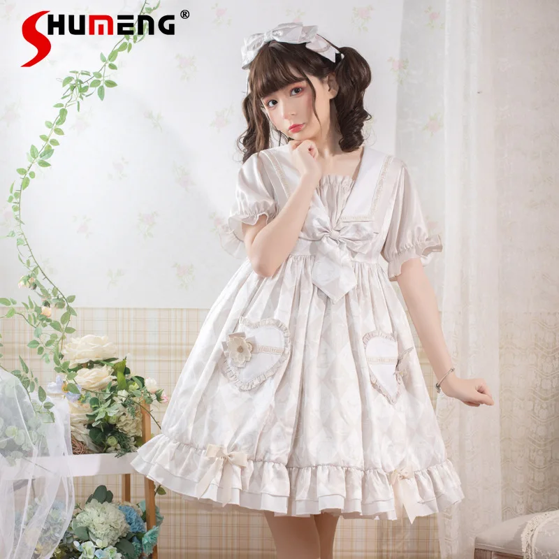 

Japanese Sweet Elegant Lolita Princess Dress Ruffles Sailor Neck Bow Puff Sleeve High Waist Lace-up Slim A-line Mini Dress Women