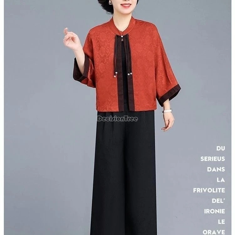 بلوزة نسائية تقليدية على الطراز الصيني الجديد لعام 2025 على الوجهين من قماش الجاكار فضفاضة بنمط نصف كم معطف نسائي يومي عتيق t001