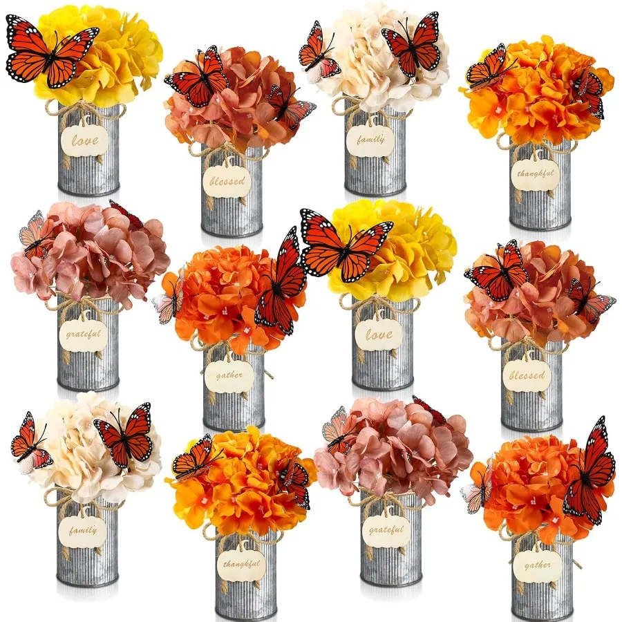 

12-комплект винтажного стола с осенними цветами и металлическими горшками. Центральная часть стола из искусственного осеннего стола с ломтиками тыквы и 3D-бабочкой.