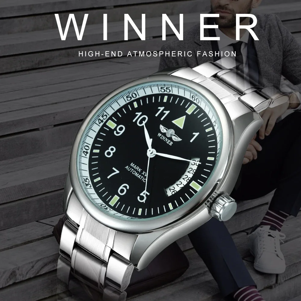 WINNER Business Automatic Men Fashion Calendar Black Minimalist Dial Mechanical Stainless Steel Leather Strap