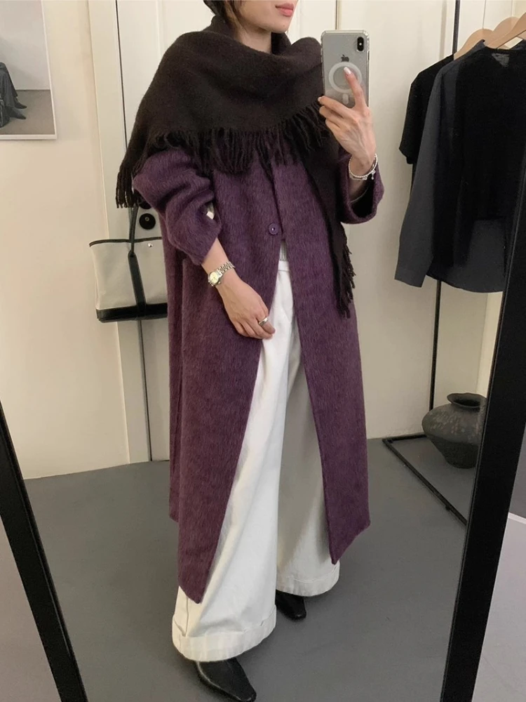 Double Sided Wool Coat+Detachable Scarf Women Round Neck Single Breasted Extra Long Jacket 2026 Winter New Thicken Warm Overcoat