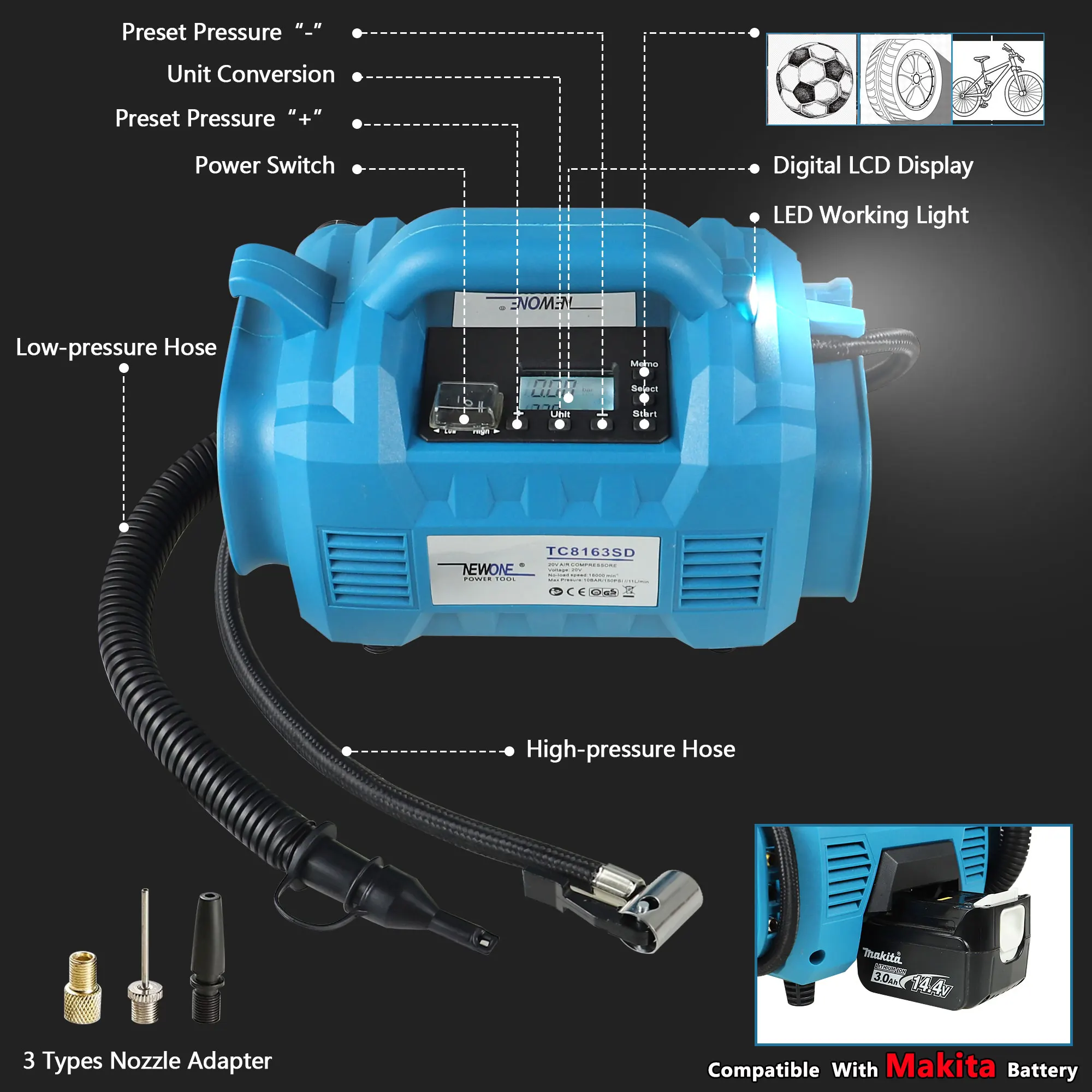 NEWONE-Inflator pneu portátil para Makita Bateria, Compressor de ar, Pneu de carro, Multi Power Supply, sem fio, 20V DC, 150PSI, 18V