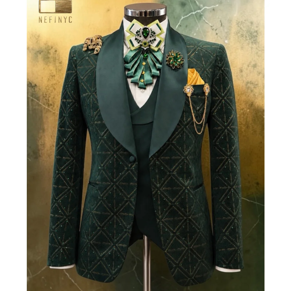 Green Men Suits Set 2 Pieces Blazer Pant Crystals Prom Groom Wedding Tuxedos Tailored Made Formal Office Jacket Outfit