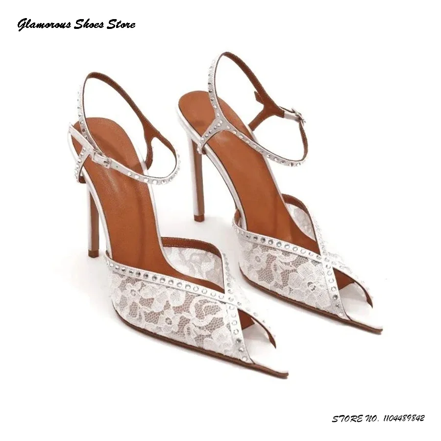 

Crystal Trimmed Lace and Satin Stilettos Buckle Strap Bridal Wedding Shoes Summer Pointed Open Toe Thin Heels Modern Sandals