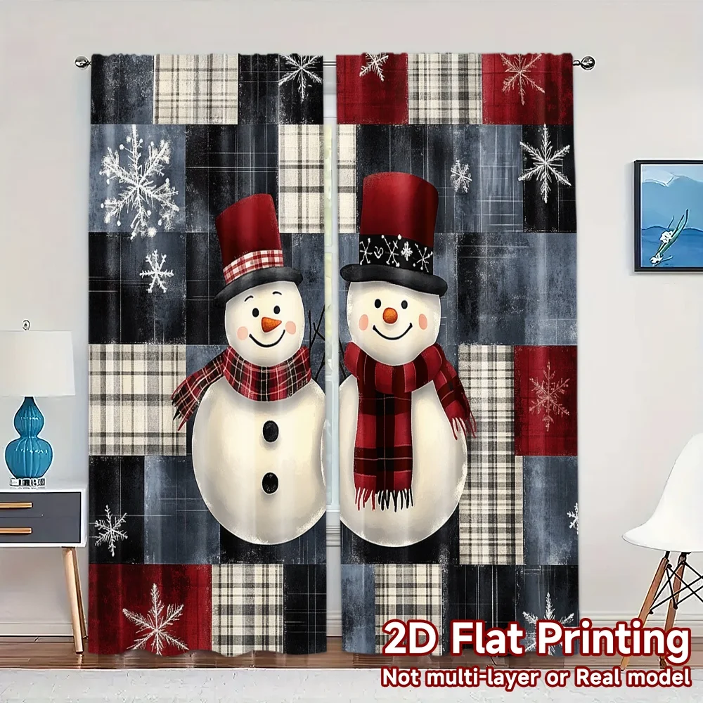 2pcs,Curtains Buffalo Plaid Snowman Family Chic Curtain Chic Versatile Fabric Curtains Decorations For Home Suitable for Bedroom