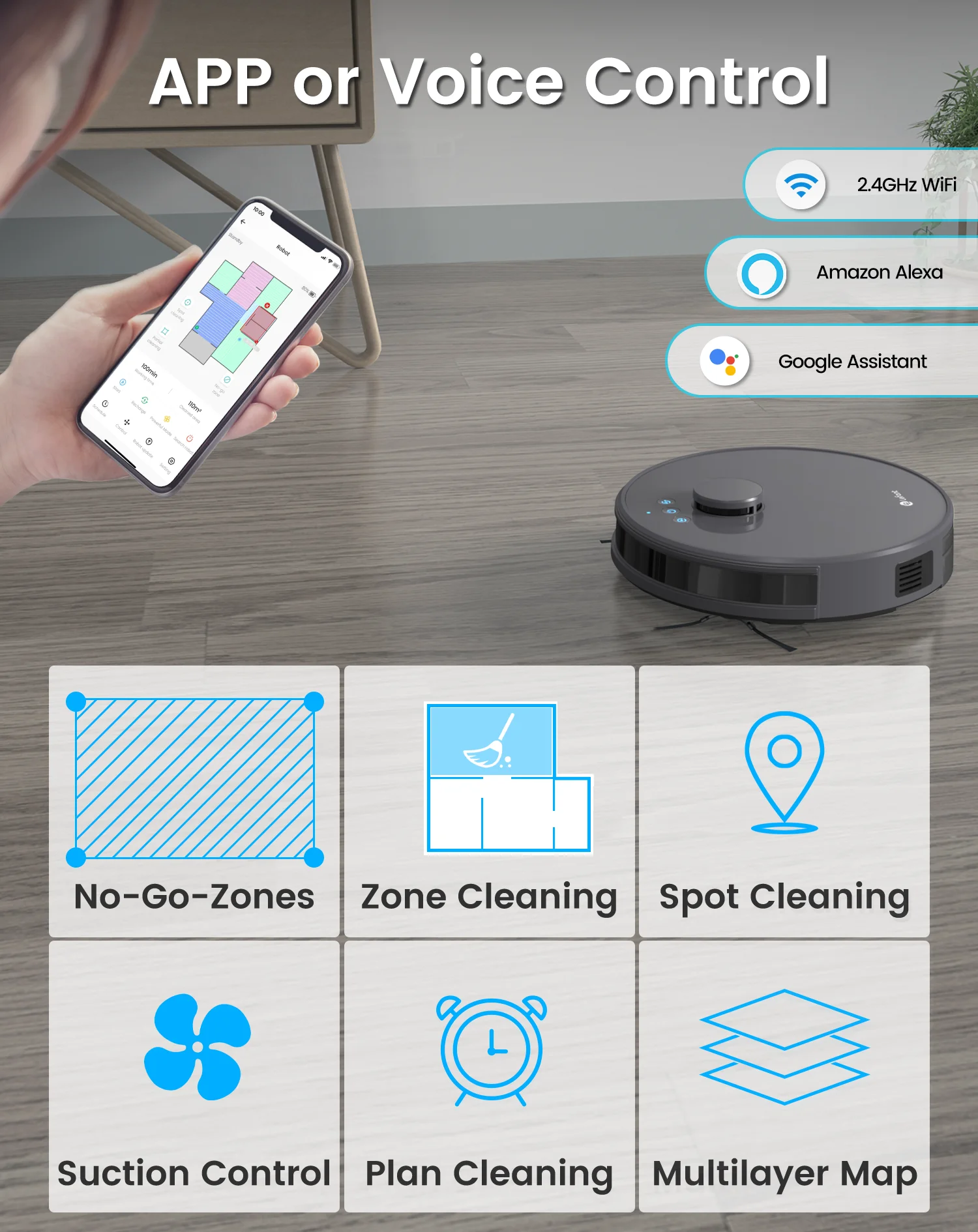 Aspirapolvere robot Lefant M1 con aspirazione 4000Pa, navigazione Lidar, WiFi/App/Alexa, ideale per peli di animali domestici, moquette