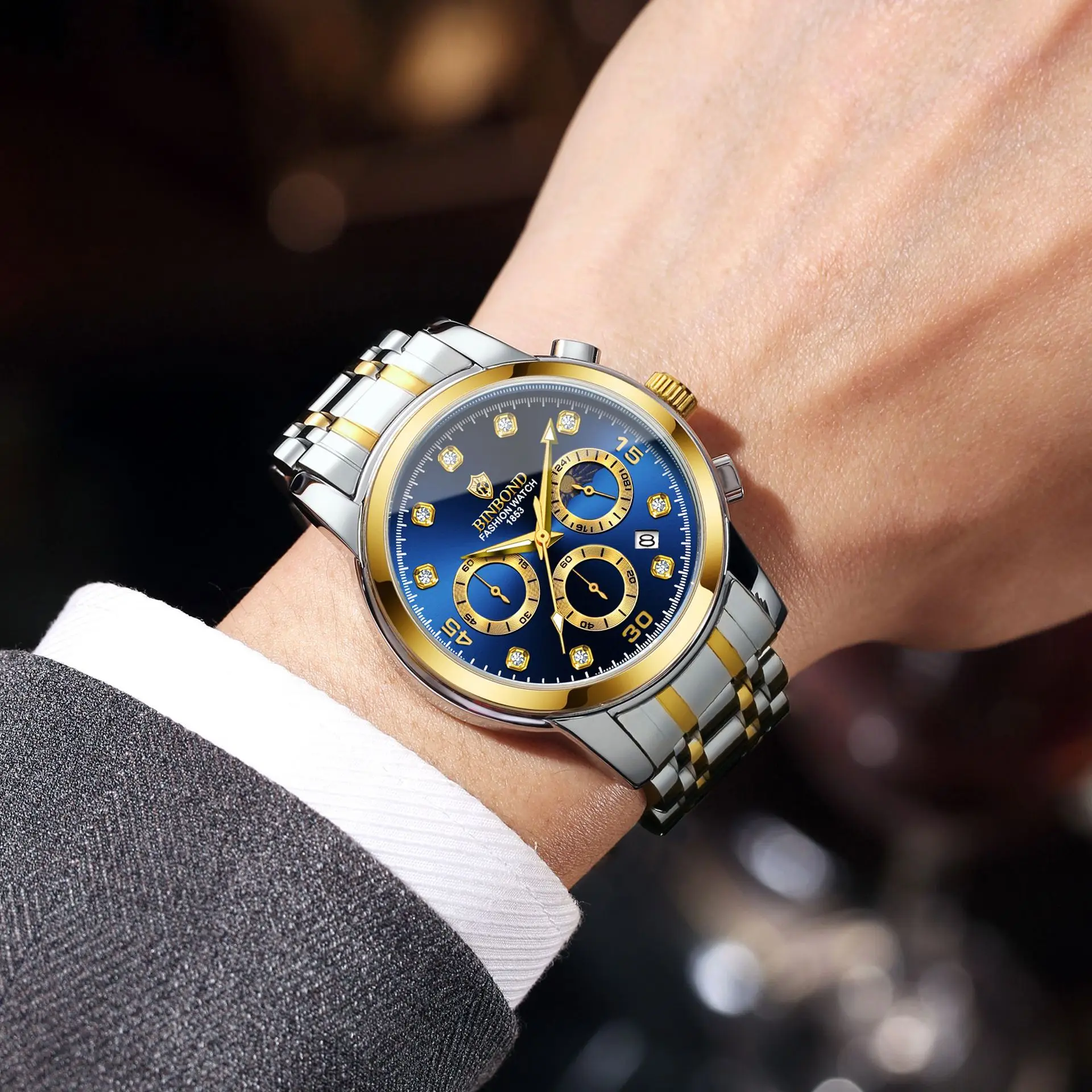 BINBOND Luxury Business Fashion Timing Quartz Watch Men's Stainless Steel Waterproof Luminous Multi functional Moonphase Watch