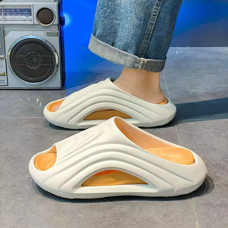 Men Summer New One Word Outdoor Beach Slippers Thick Sole Non slip Anti Odor Lightweight Home Slippers Casual Sports Slippers