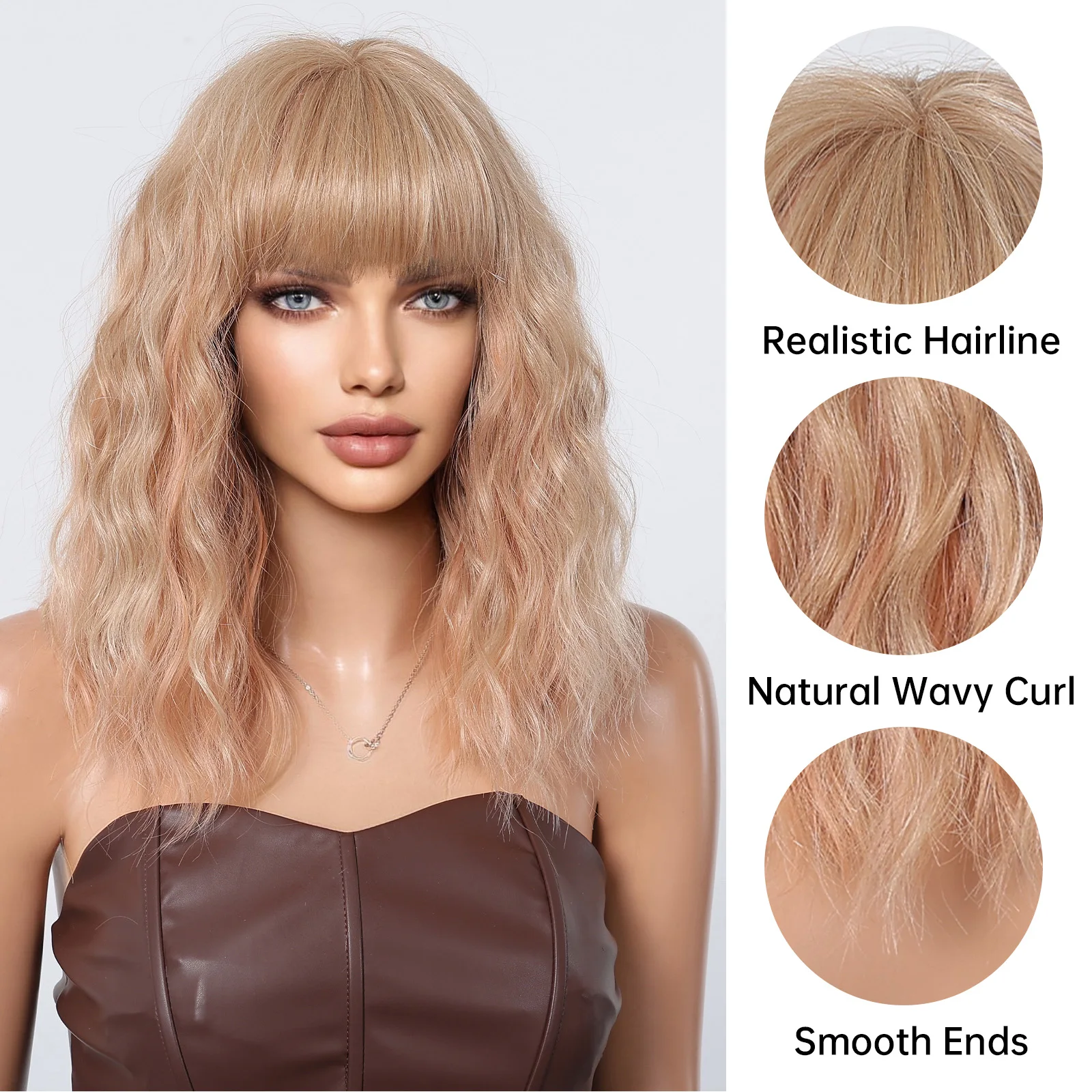 LOUIS FERRE Short Bob Blonde With Orange Highlights Synthetic Wigs for Women Natural Wave Curly Wigs With Bangs Daily Fiber Hair